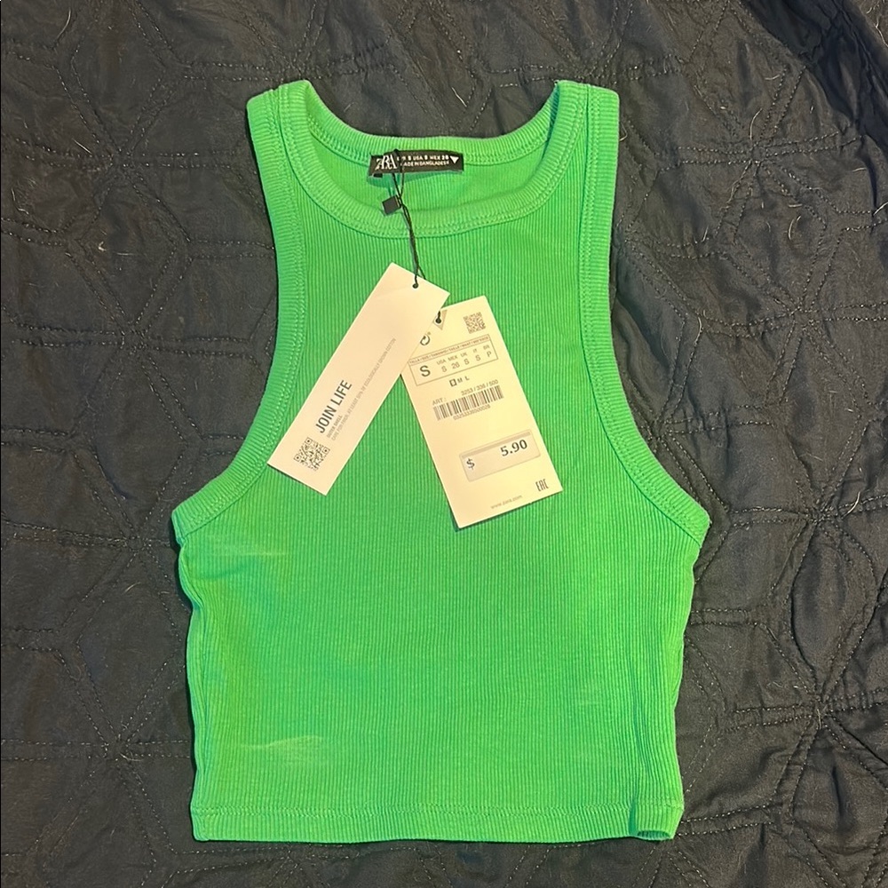 Zara Green Fitted Crop Tank Top
